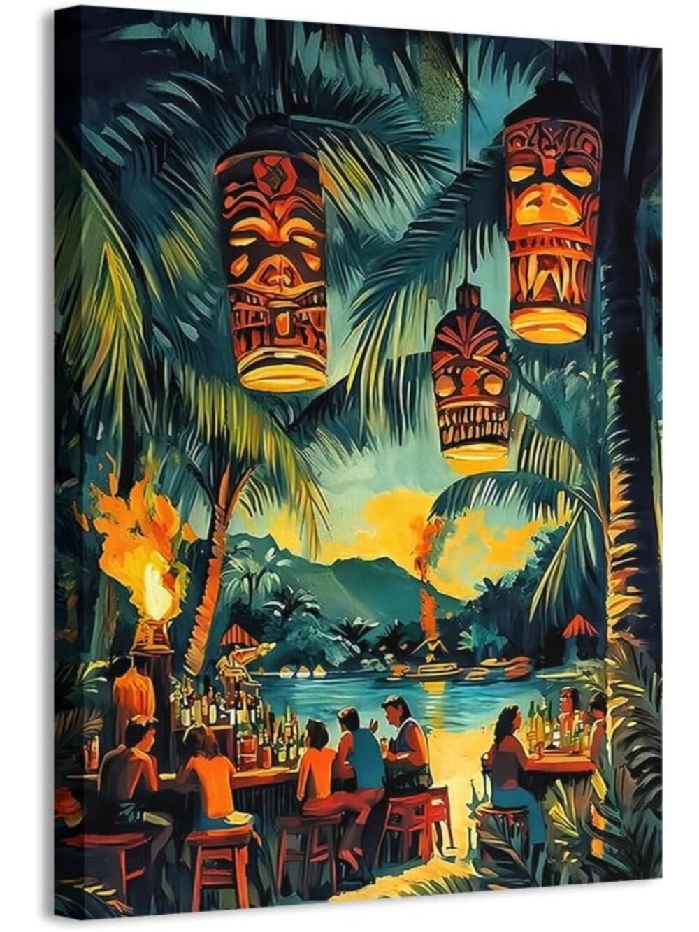 HTCNZ Vintage Hawaiian Tiki Bar Wall Art, Flaming Torches and People Drinking